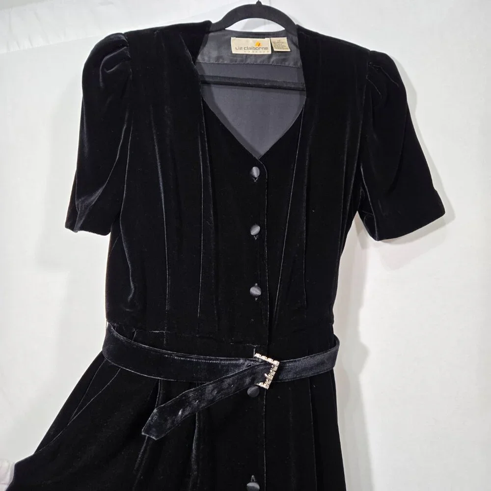 VINTAGE Academia Y2K Sirencore BLACK VELVET Pocket Belt Midi Dress Women Size 10 - Picture 4 of 16